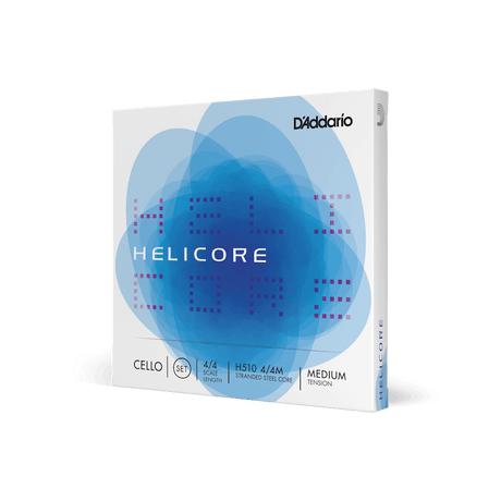 Box of a set of Helicore cello strings in blue and white branding