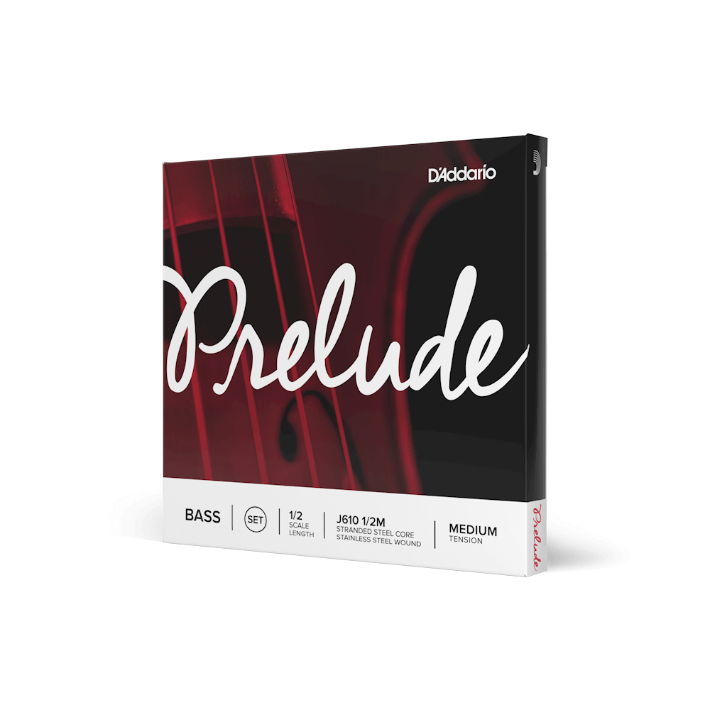 Package of a full set of Prelude bass strings in its red and white packaging