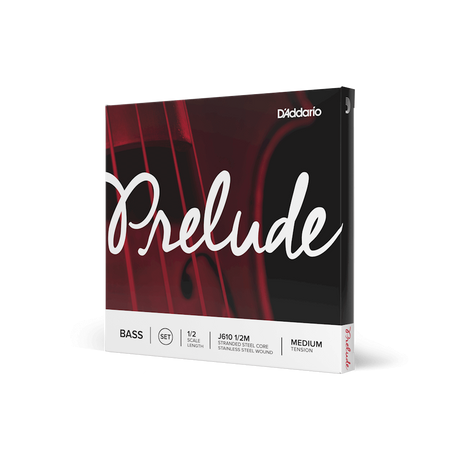 Package of a full set of Prelude bass strings in its red and white packaging