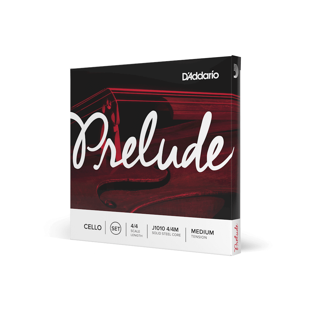 Package of a full set of Prelude cello strings in its red and white packaging