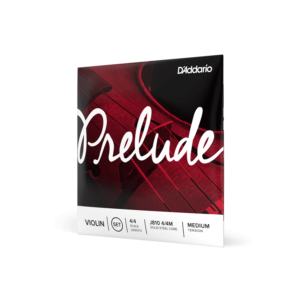 Package of a set of Prelude violin strings by D'Addario in its red and white packaging