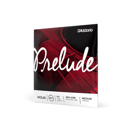 Package of a set of Prelude violin strings by D'Addario in its red and white packaging