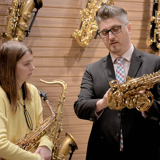 Dave with a student at the Sax Shop