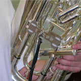 A close up of the ergobrass euphonium support system attached to a euphonium