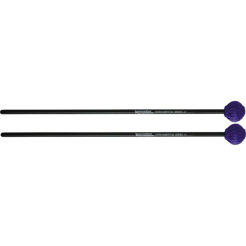 Innovative Percussion F2 Hard Yarn mallets with black painted birch handles and blue yarn heads