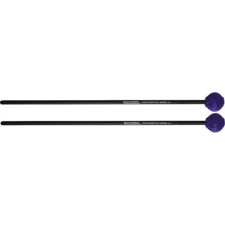 Innovative Percussion F2 Hard Yarn mallets with black painted birch handles and blue yarn heads