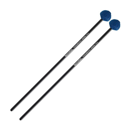 Innovative Percussion F3 Hard Yarn mallets with black painted birch handles and blue yarn heads