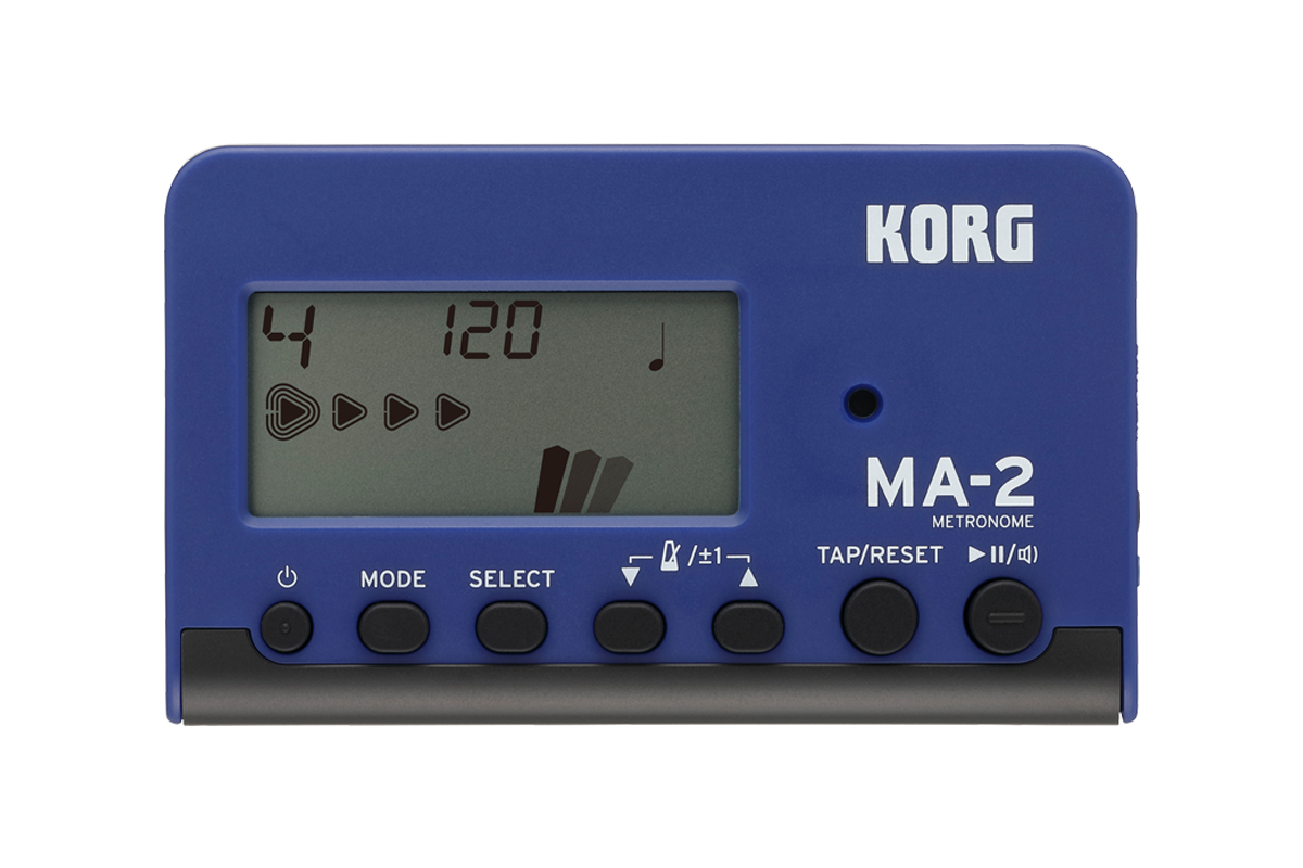 Korg MA-2 Digital Blue metronome featuring a screen with buttons to adjust the settings