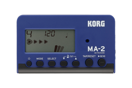 Korg MA-2 Digital Blue metronome featuring a screen with buttons to adjust the settings