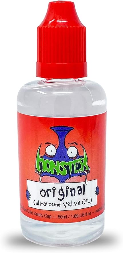 A bottle of Monster Oil Classic all-around valve oil