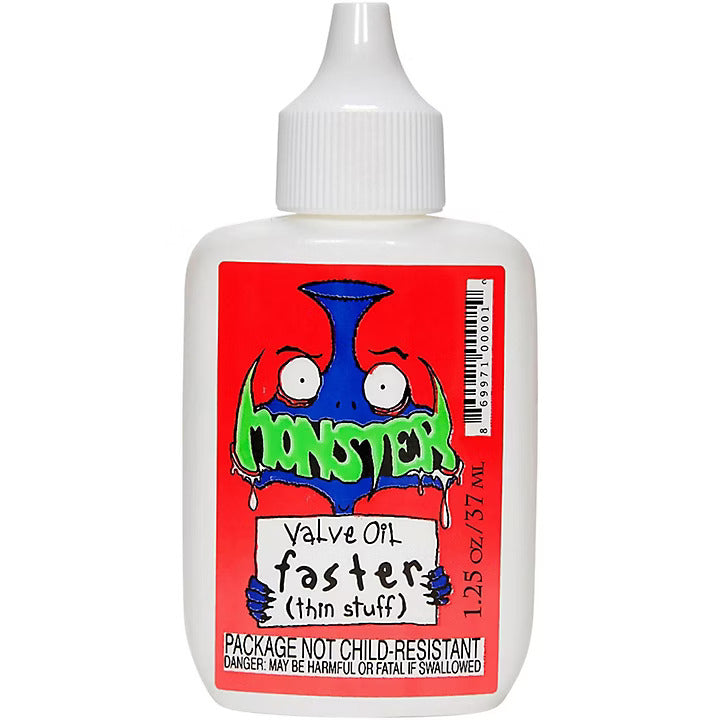 A bottle of Monster Oil Classic Faster valve oil