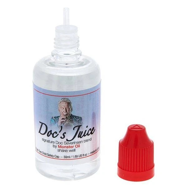 A bottle of Monster Oil Docs Juice trumpet valve oil