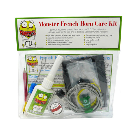 The monseter oil french horn care kit with all the components inside their packaging