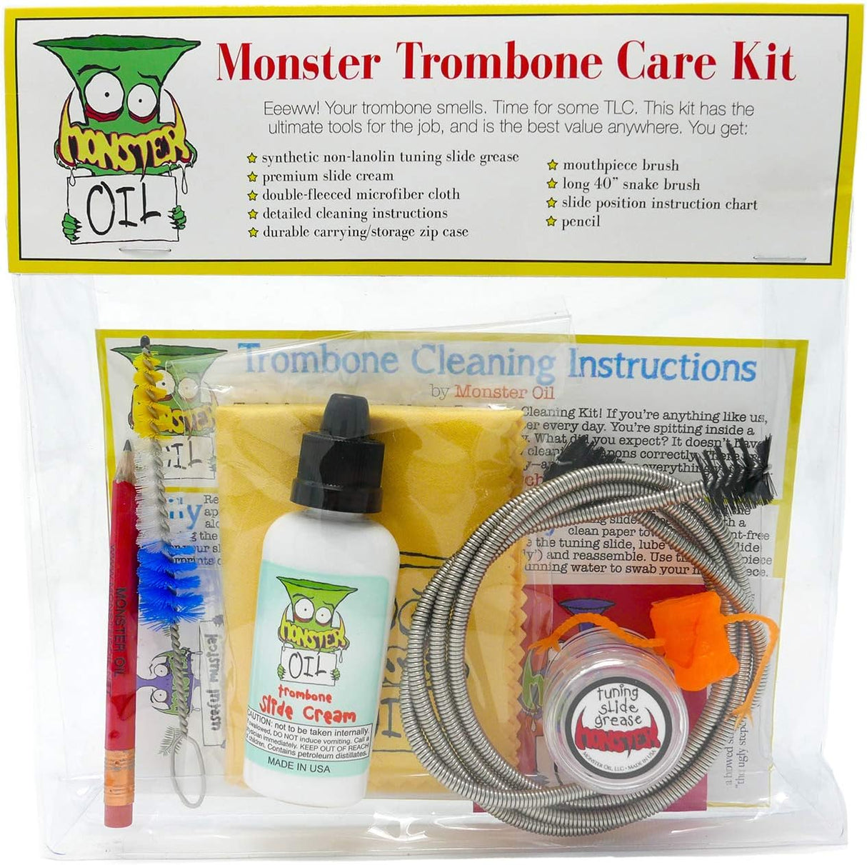 The monster oil trombone care and cleaning kit with all the components in the ziplock bag