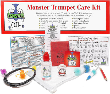 The Monster Oil trumpet care kit with all its components laid out neatly