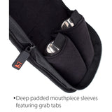 The inside of the Protec a222 2-piece mouthpiece pouch with two trombone mouthpieces in each sleeve