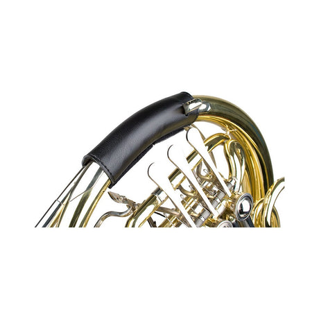 Protec L227 Leather Hand Guard for French Horn wrapped on a french horn by the keys and thumb rest