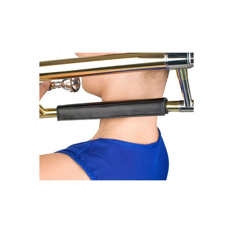 Protec L228 Leather Neck Guard for Straight Trombone - attached to a trombone and sitting on someone's shoulder