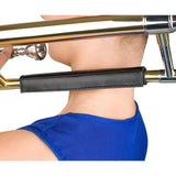 The Protec L228 black leather neck guard attached to a trombone that's being held in playing position against someone's neck