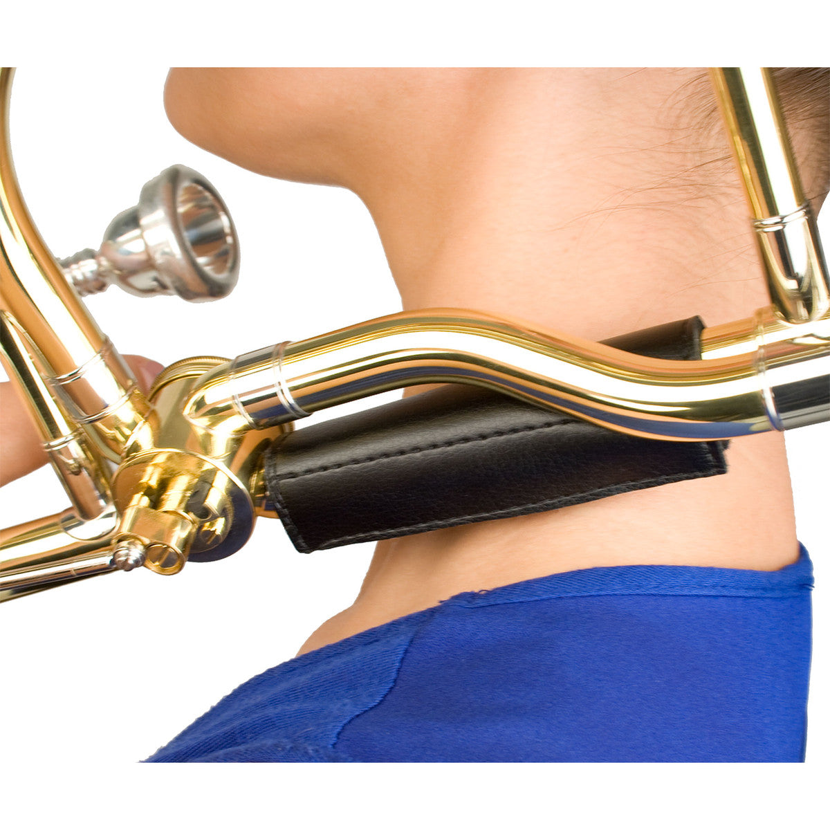 The Protec L229 black leather neck guard attached to a trombone that's being held in playing position against a person's neck