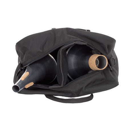 A top view of the Protec M401 trombone mute bag with the top unzipped and two mutes sitting inside of the bag