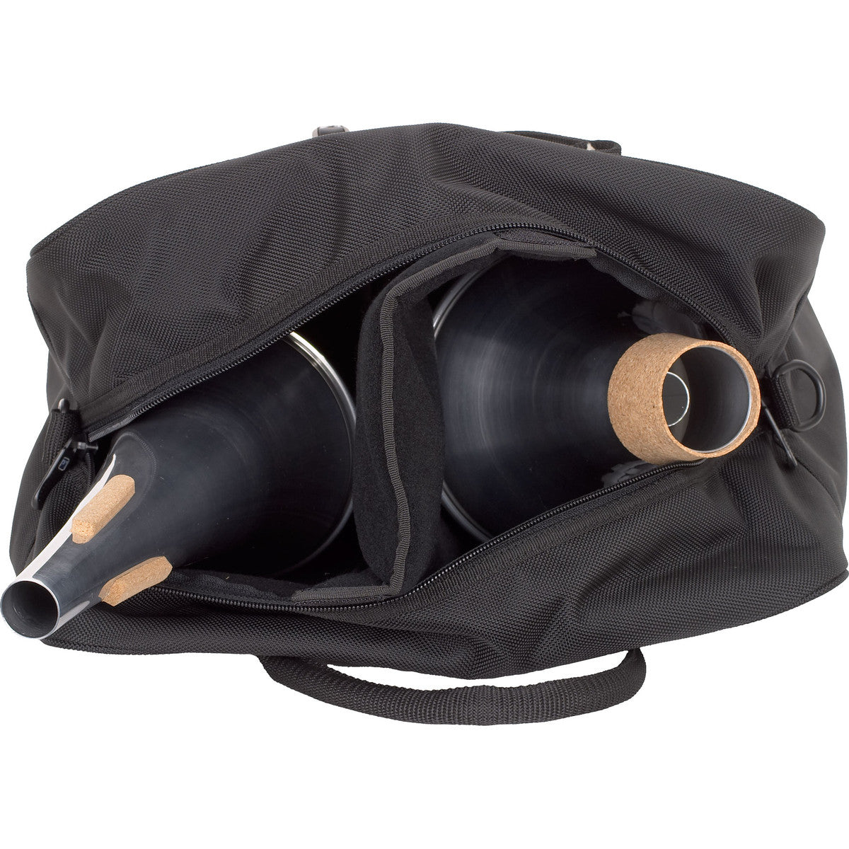 A top view of the Protec M401 trombone mute bag with the top unzipped and two mutes sitting inside of the bag