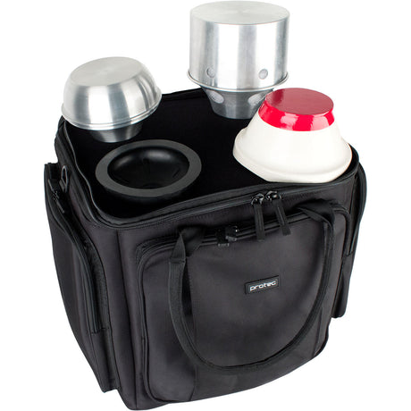 The Protec M406 4-Pack tenor trombone mute bag open with 4 mutes shown sitting on top of the interior lid allowing for convenient access.