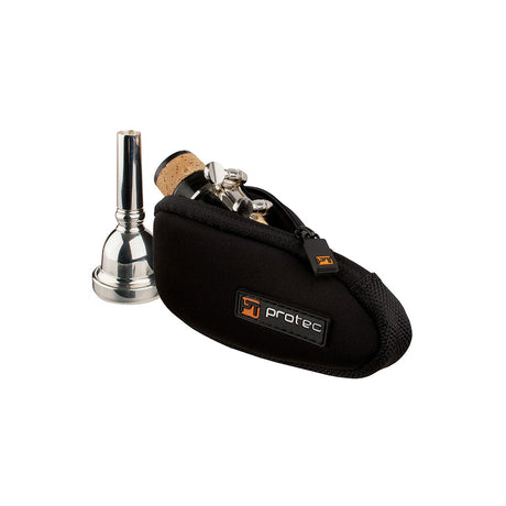 Protec N264 Single Mouthpiece Pouch with a clarinet mouthpiece in it and a trombone mouthpiece next to it