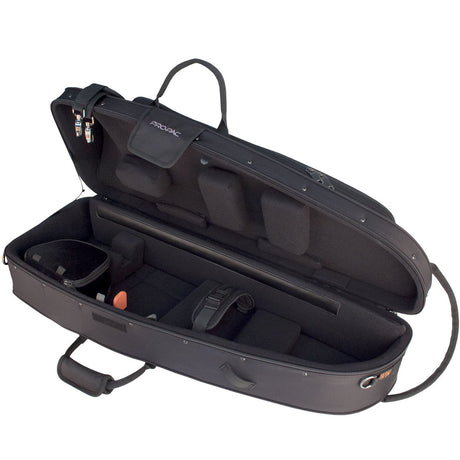 The Protec Pro Pac IP309CT Ipac series bass trombone case sitting with its lid open and the exterior shown.