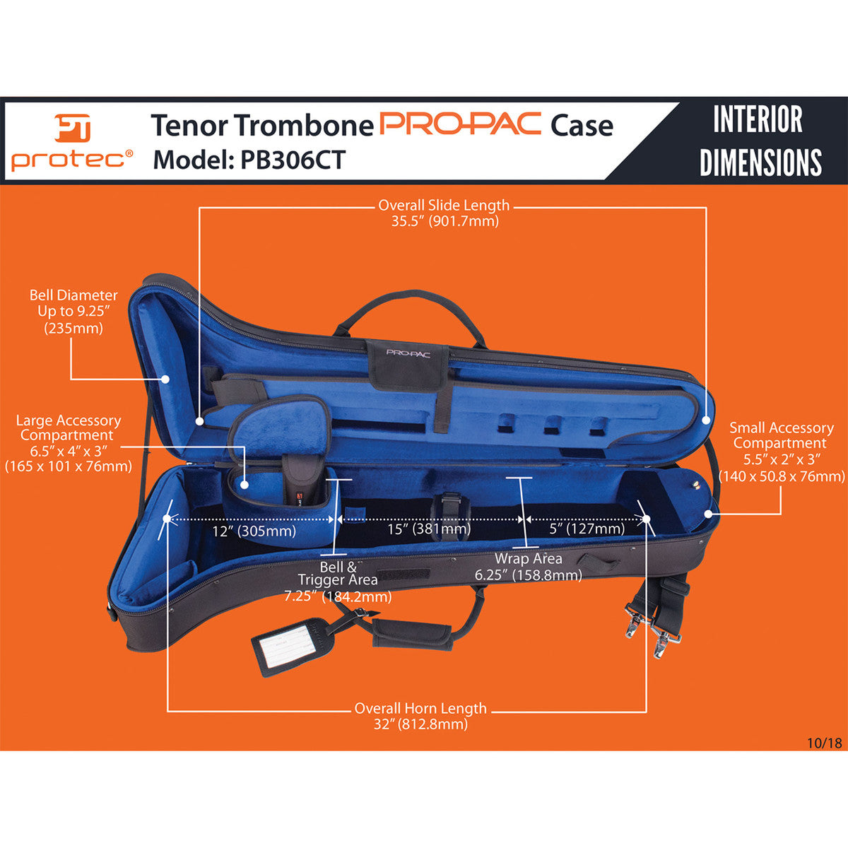 A diagram of the Protec Pro Pac PB306CT Tenor trombone case with it various interior and exterior dimensions expressed in inches and centimeters.