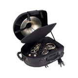 The Protec Pro Pac PB316SB screw bell french horn case sitting open with a french horn stored inside. The body of the horn is sitting in the bottom half of the case, and the bell is stored in the upper half. A lid that separates and protects the two halves is shown partially open between them.