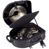 The Protec Pro Pac PB316SB screw bell french horn case sitting open with a french horn stored inside. The body of the horn is sitting in the bottom half of the case, and the bell is stored in the upper half. A lid that separates and protects the two halves is shown partially open between them.