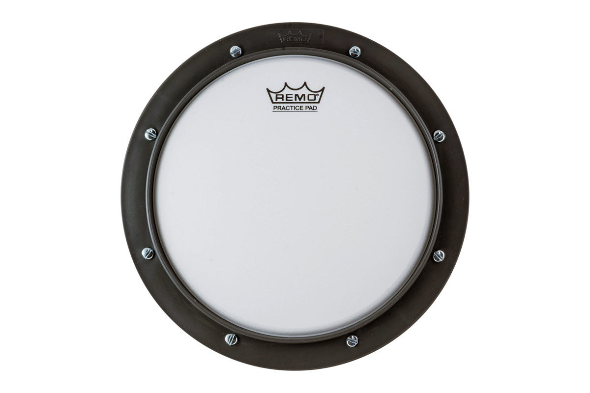 Remo eight-inch tunable practice pad with a grey head and a black rim with screws