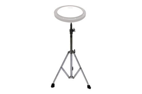 Metal Remo Practice Pad tri-pod stand, standing upright with the Remo practice pad attached on the top