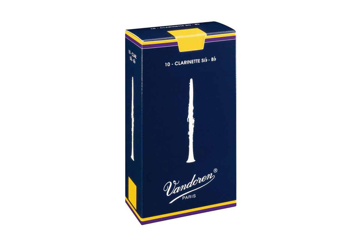 A box of 10 Vandoren Traditional Bb Clarinet Reeds, packaged in their traditional blue box