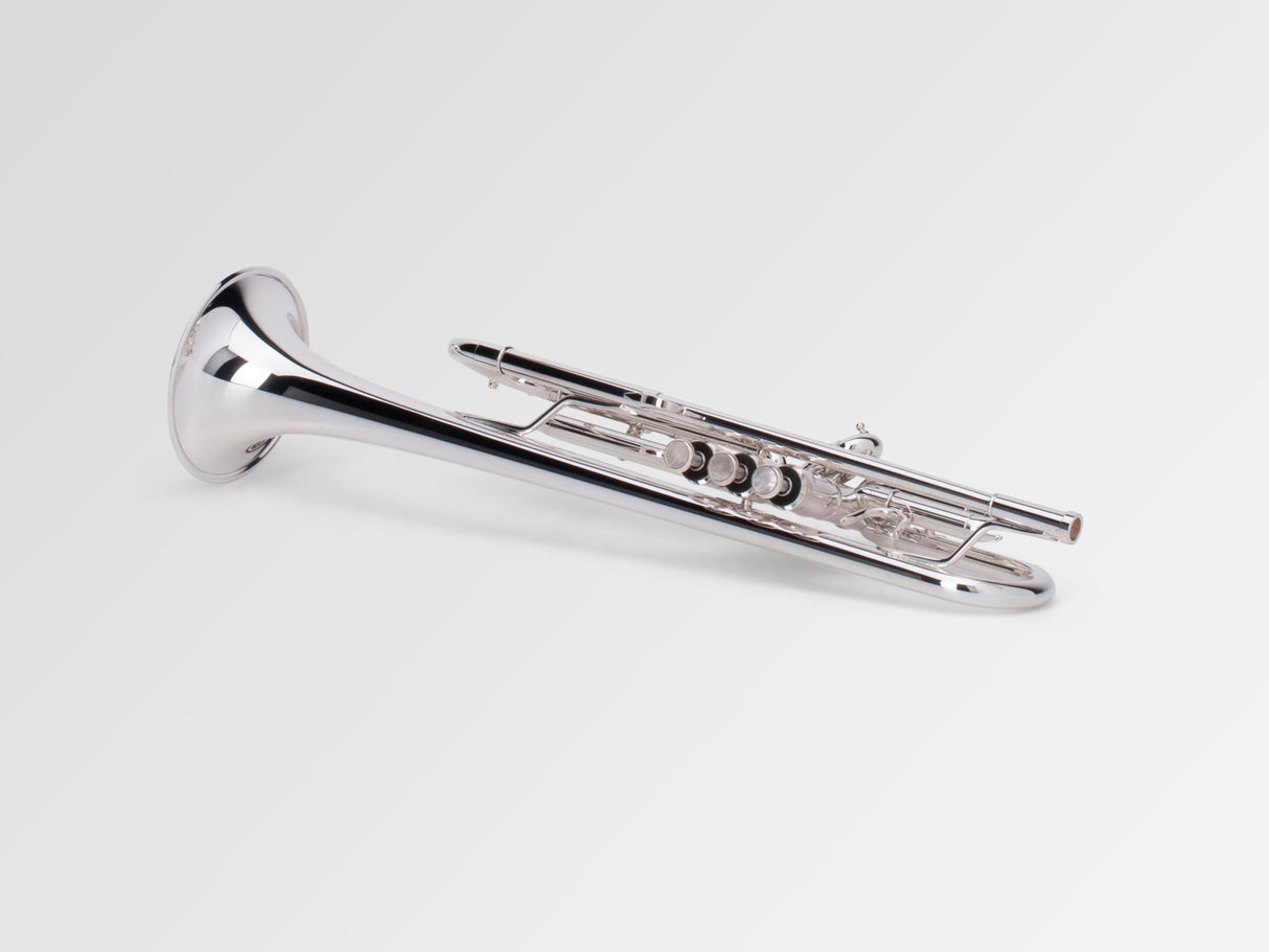 Adams A2 Bb Trumpet - silver, laying down, valves forwards