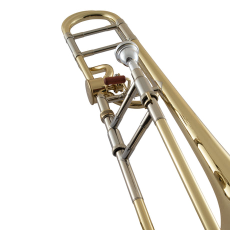 Bach 42A Large Bore Tenor Trombone - a close up of the slide braces, slide receiver, and mouthpiece receiver