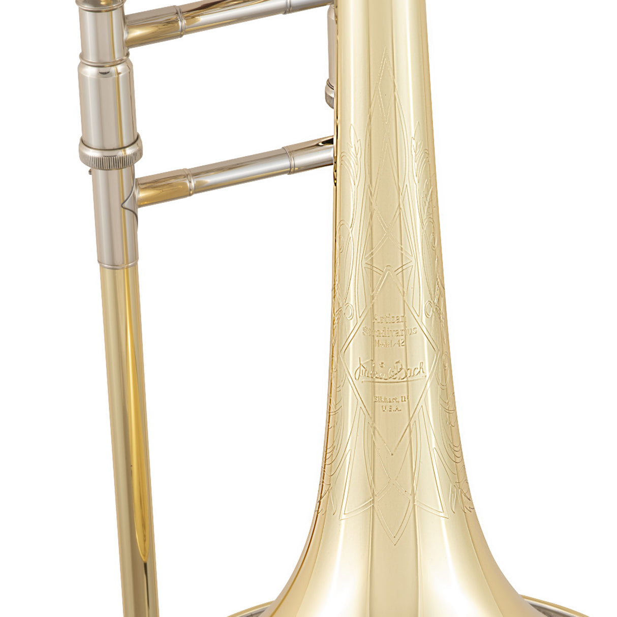 Bach A47XPS Large Bore Tenor Trombone - close up of the brand engraving on the bell