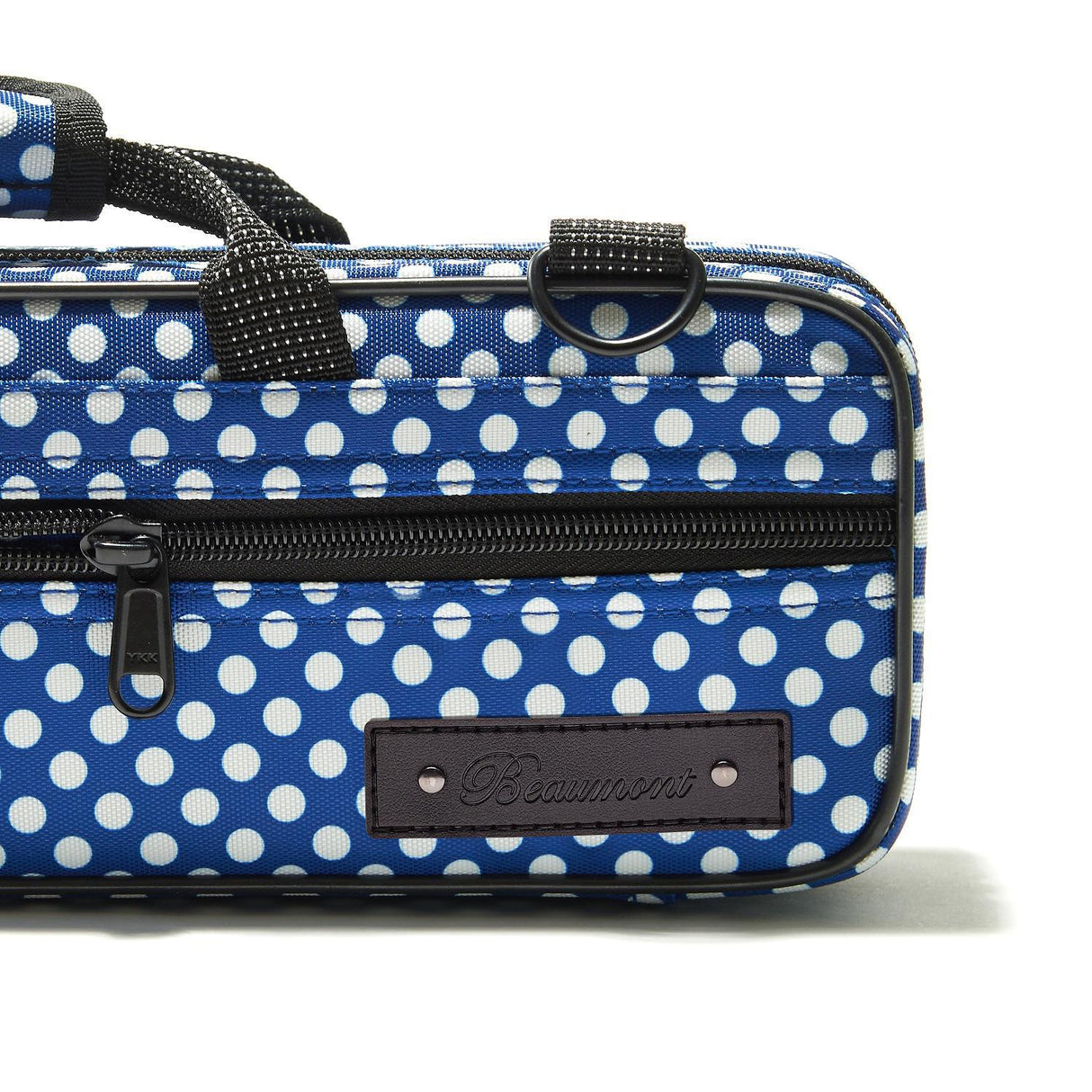 A close up of the Beaumont Blue Polka Dot Flute Box Case