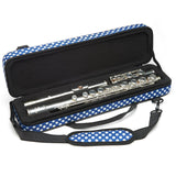 The Beaumont Blue Polka Dot Flute Box Case open with a flute in it