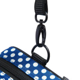 A close up on the metal strap clip of the Beaumont Blue Polka Dot Box Case