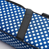 A close up on the stitching of the strap of the Beaumont Blue Polka Dot Box Case