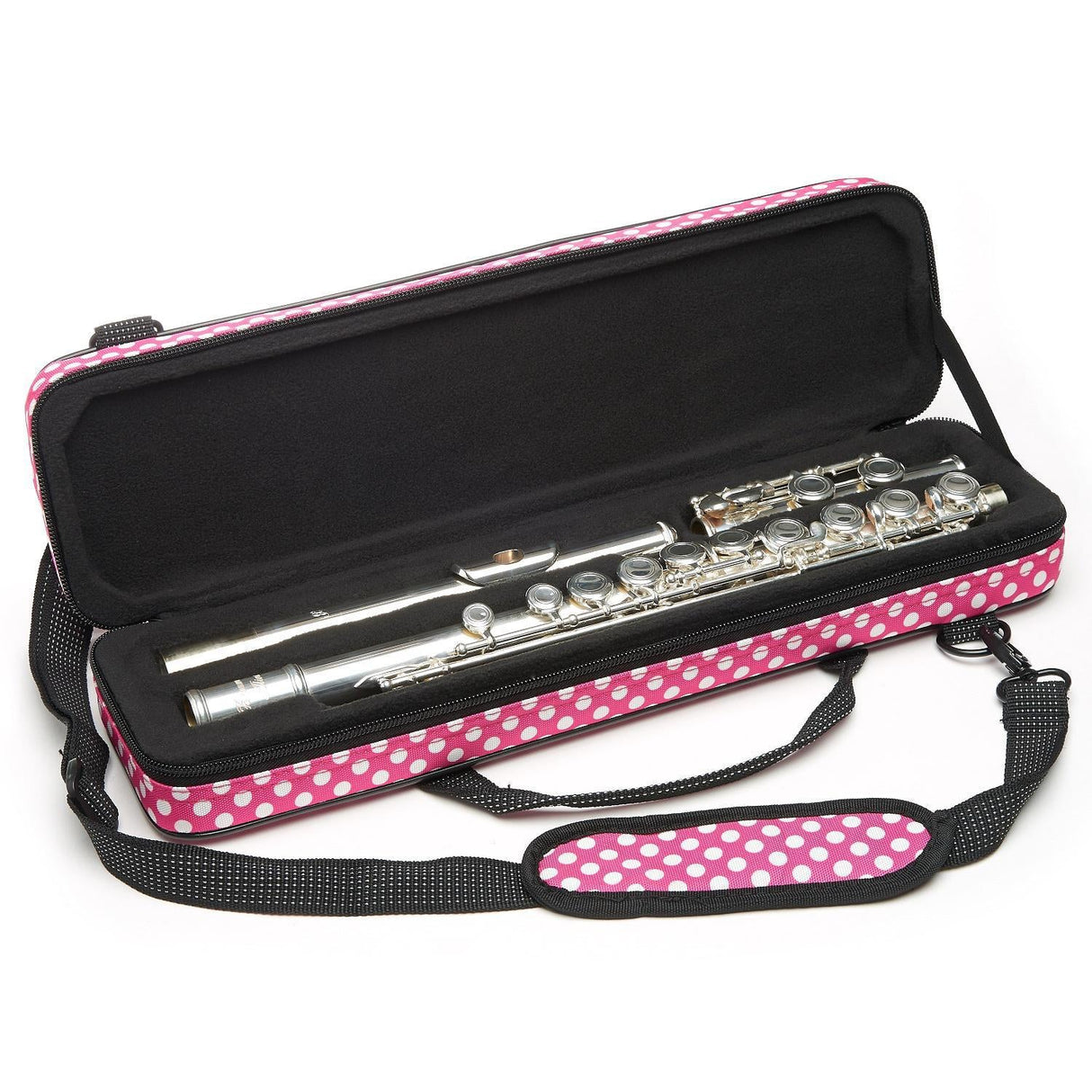 The Beaumont Pink Polka Dot Flute Box Case open with a flute in it