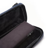 The Beaumont Flute Blue Denim C-Foot Carry Case open with a hardshell flute case in it