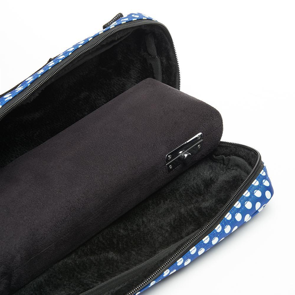 The Beaumont Flute Blue Polka Dot C-Foot Carry Case open with a hardshell flute case in it