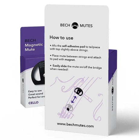 The Bech Magnetic Cello Mute - the reverse side of the packaging showing an image of the mute installed on a cello