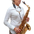 A woman wearing the BG France S23YMSH Zen Saxophone strap