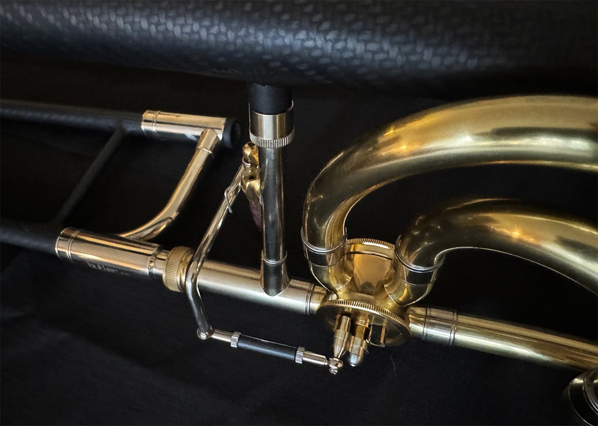 Butler C10 Large Bore Tenor Trombone - close up of bell brace and trigger valve