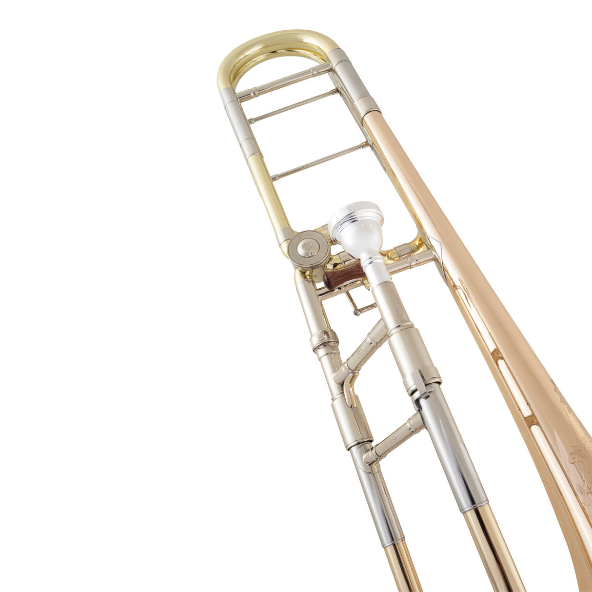 Conn 88HNV Large Bore Tenor Trombone - close up of hand slide attached to receiver