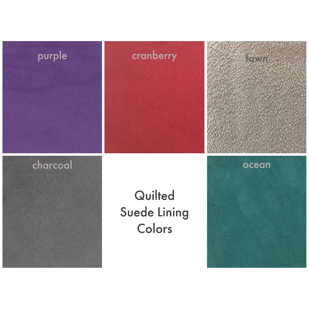 Crescendo Quilted Suede Lining Color Swatches - Charcoal, Purple, Cranberry, Fawn, Ocean